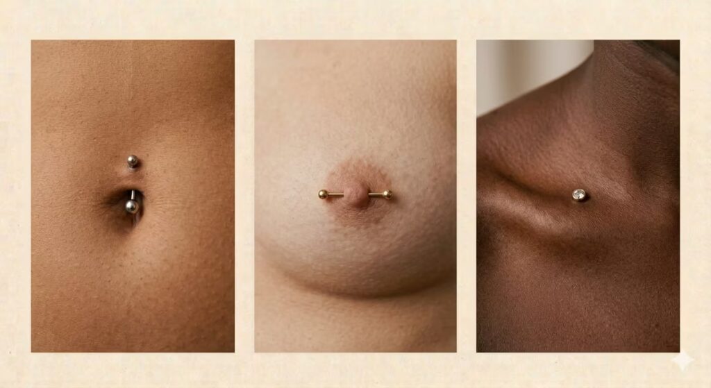 Body piercings belly button, nipple, dermal