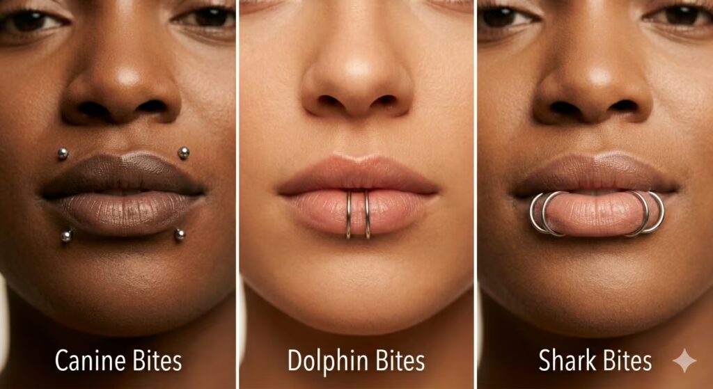 Complex multiple lip piercing combinations
