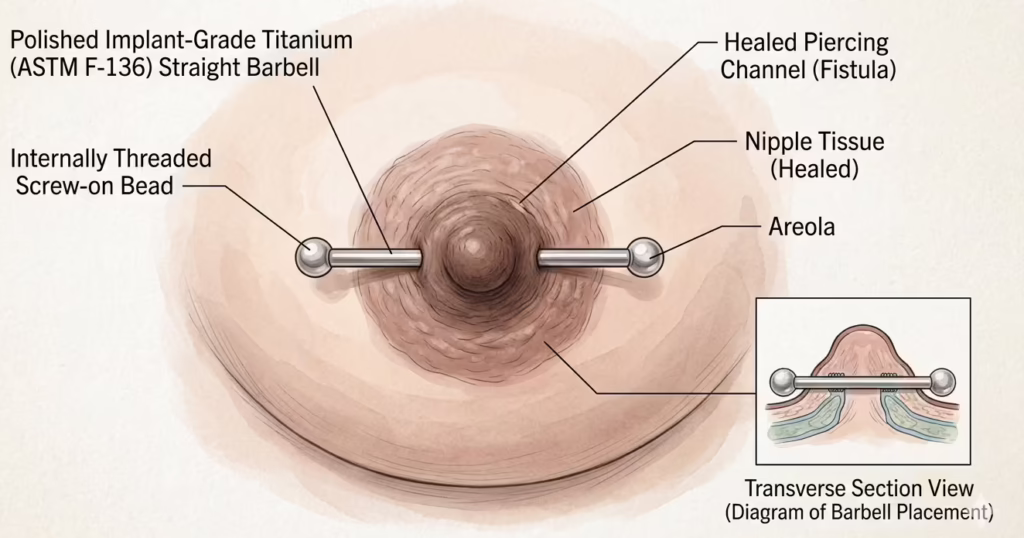 Healed nipple piercing with decorative jewelry