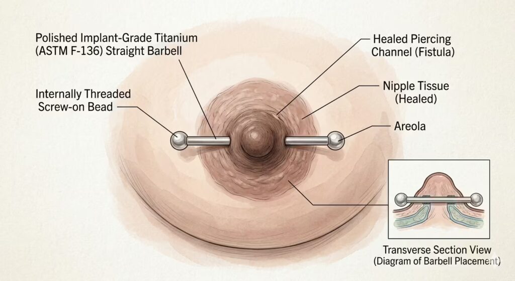 Healed nipple piercing with decorative jewelry
