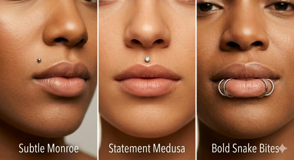Lip piercing styles by visibility level