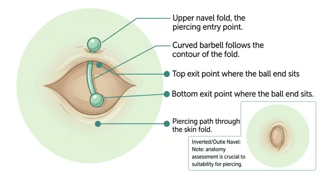 Navel piercing anatomy and placement