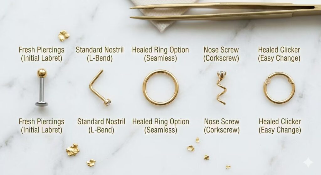 Nostril piercing jewelry options flat lay