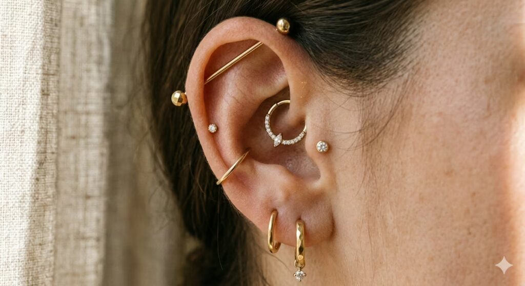 A beautiful editorial close-up of a fully curated ear with multiple healed piercings, each wearing a different jewellery style. 