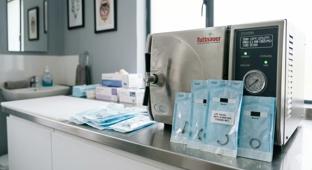 A clean documentary photograph of a professional piercing studio autoclave.