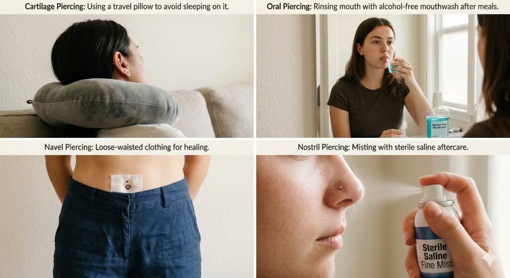A clean educational composite image showing four aftercare scenarios side by side.