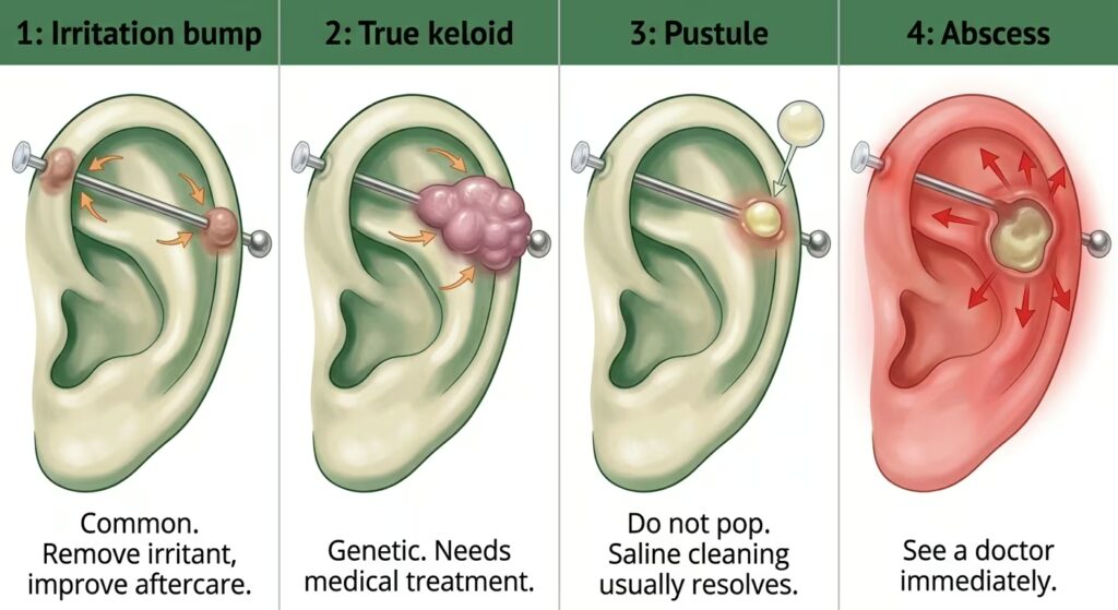 A clean educational diagram showing four types of piercing bumps in stylised side-by-side cross-section illustrations.