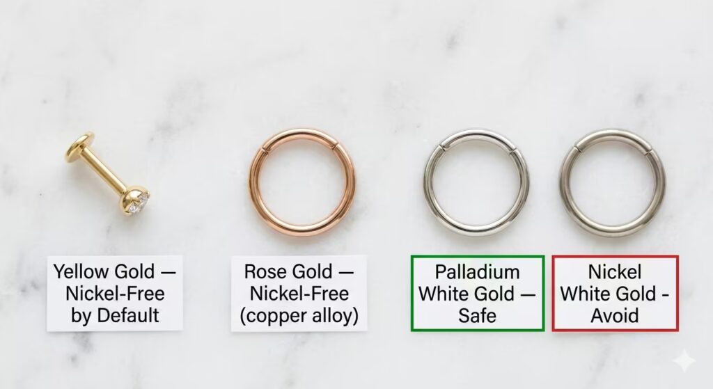 A clean educational flat-lay showing three gold colours in body jewellery format on white marble. 