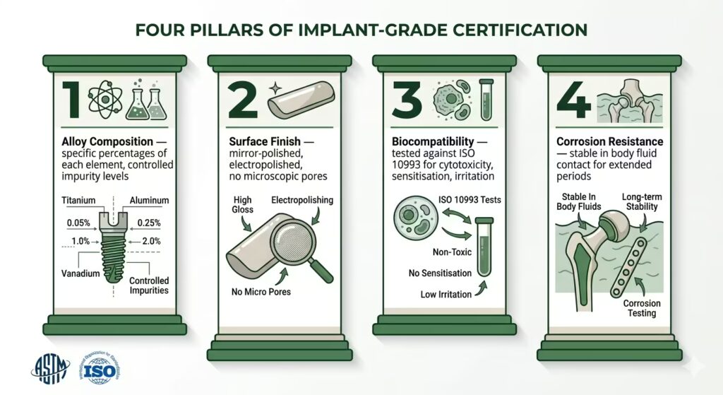 A clean educational infographic on a white background showing the four pillars of implant-grade certification arranged in a simple diagram.