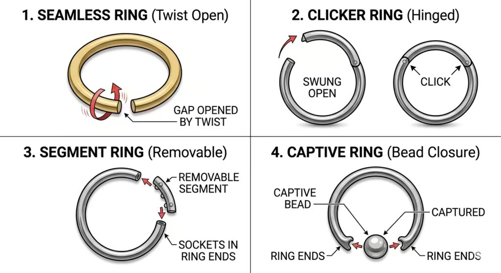 A clean educational infographic showing four ring closure mechanisms in close-up, arranged in a 2x2 grid. 