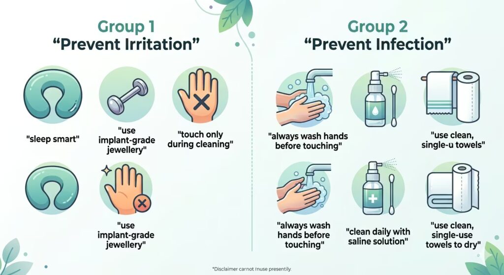 A clean, friendly educational infographic showing six prevention habits split into two groups.
