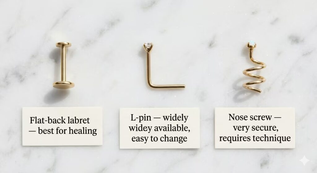 A clean product flat-lay on white marble showing three nostril jewellery styles side by side with clear labels. 