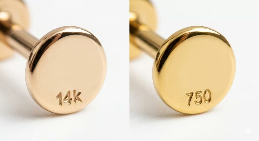 A macro close-up photograph of the back of a solid 14k gold flat-back labret stud. 