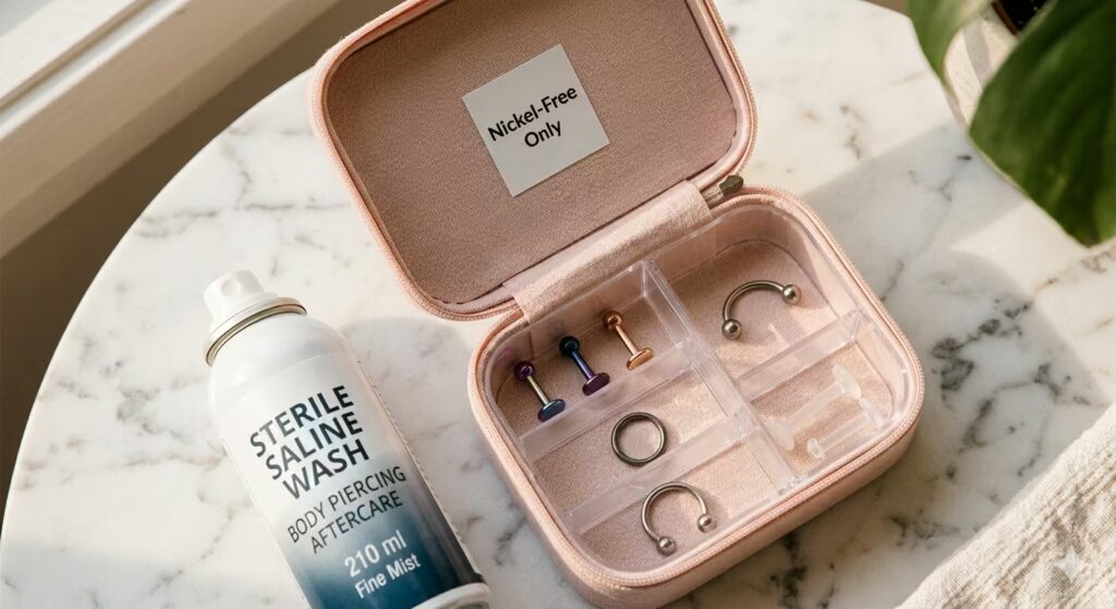 A practical lifestyle flat-lay showing a small organised jewellery storage case open on a white marble surface. 