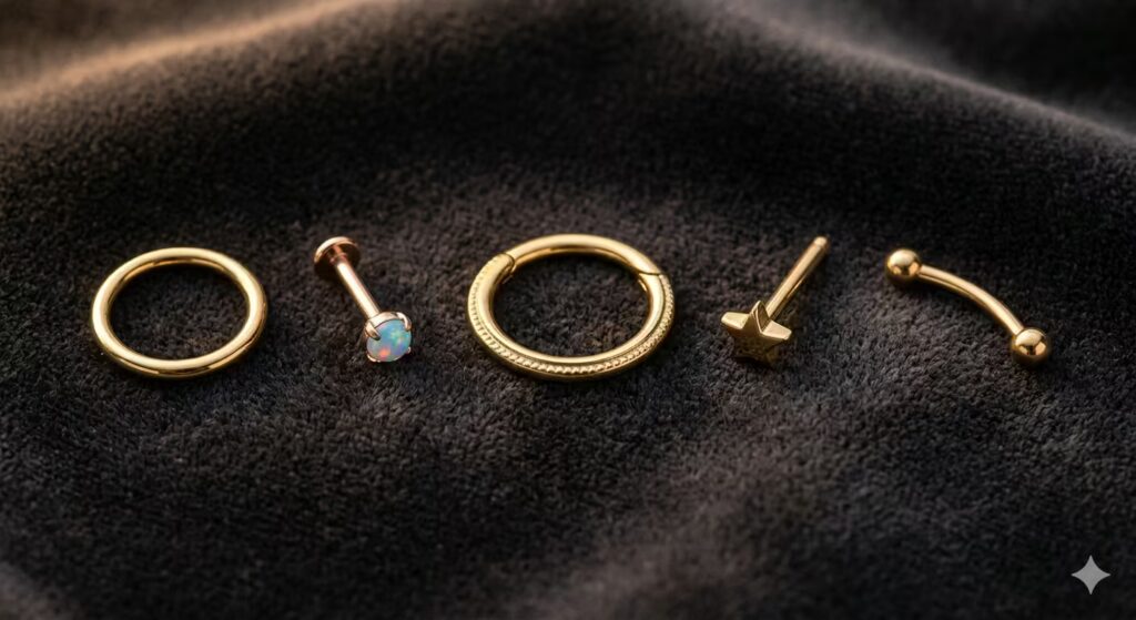 A stunning editorial flat-lay on dark velvet showing a curated collection of solid gold body jewellery. 