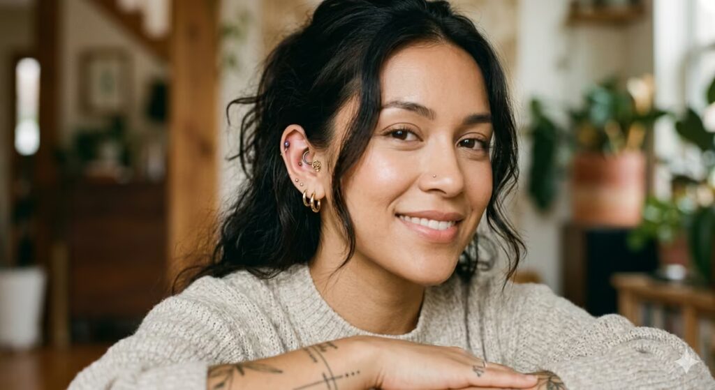 A warm, confident editorial portrait of a person with multiple piercings, all clearly healed and beautifully styled.