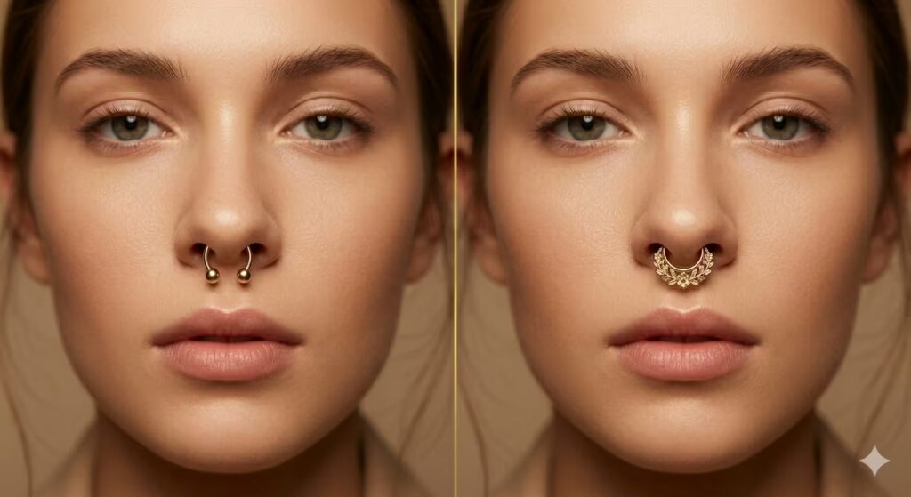 A beautiful editorial close-up showing two septum jewelry styles on the same person. Left image: a simple gold horseshoe barbell sitting symmetrically below the nose with gold ball ends visible. Right image: an ornate gold clicker ring with a delicate floral design visible below the nose. Both images show the jewelry on the same person from a straight-on portrait angle. Warm studio lighting, fashion editorial portrait photography, the jewelry looks personal and deliberate.