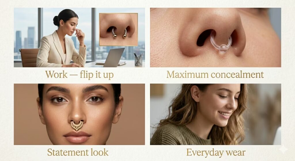 A clean editorial collage showing four septum jewelry situations. Top left: a person at a professional desk with septum horseshoe flipped up, completely invisible, labelled "Work — flip it up". Top right: close-up of a clear PTFE retainer barely visible in a nostril, labelled "Maximum concealment". Bottom left: a bold decorative gold crescent clicker hanging below the nose, labelled "Statement look". Bottom right: a minimal gold seamless ring in the septum on a person in casual clothing, labelled "Everyday wear". Warm editorial photography throughout.