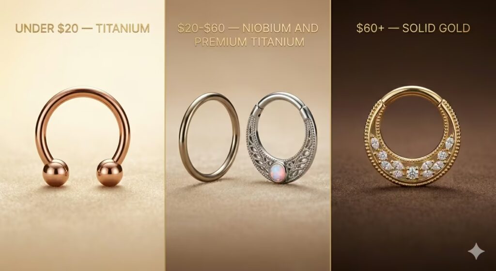 A clean editorial flat-lay showing three price tiers of septum jewelry on a gradient background from light to dark