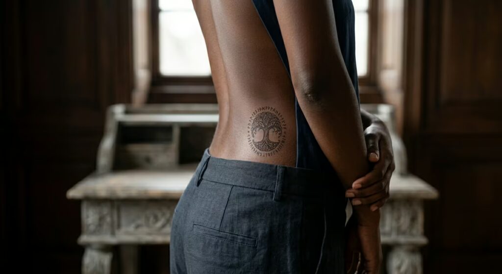 Ancient Runic Scroll Tree of Life Ornamental Lower Back Tattoo