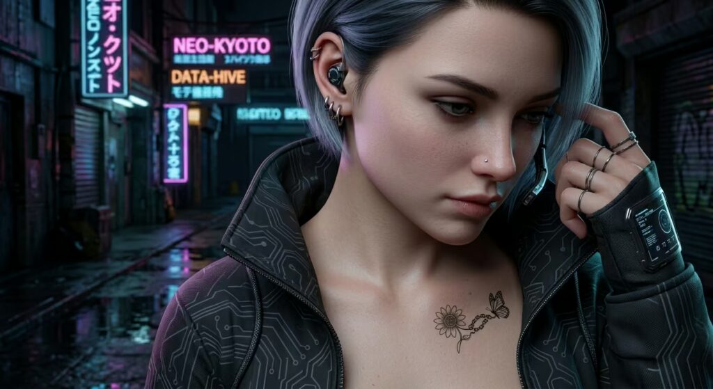 Collarbone Cyberpunk Sunflower Tat for Women