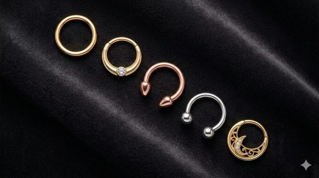 Best Septum Piercing Jewelry Rings, Clickers, Horseshoes, and Everything in Between: A stunning editorial flat-lay on dark velvet showing a curated collection of septum piercing jewelry styles. Arranged elegantly: a simple gold seamless ring, a decorative gold clicker ring with a small gem detail, a titanium horseshoe barbell in anodised rose gold, a silver circular barbell with ball ends, and a detailed gold clicker with a crescent moon design. Each piece is beautifully polished and clearly distinct. Warm overhead light, premium jewelry photography, aspirational and diverse.