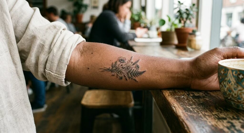 Black and Grey Realism Wildflower Meadow Floral Forearm Tattoos for Women