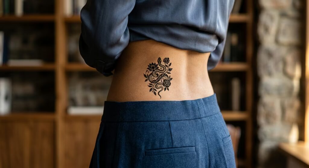 Blackwork Serpent and Flowers Ornamental Lower Back Tattoo