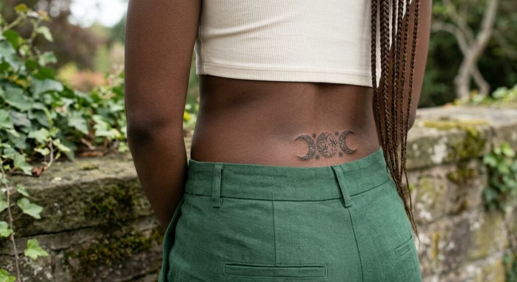 Botanical Lace Crescent Moon Cycle Ornamental Lower Back Tattoo