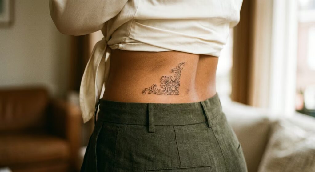 Botanical Sketch Fern & Berry Garland Ornamental Lower Back Tattoo