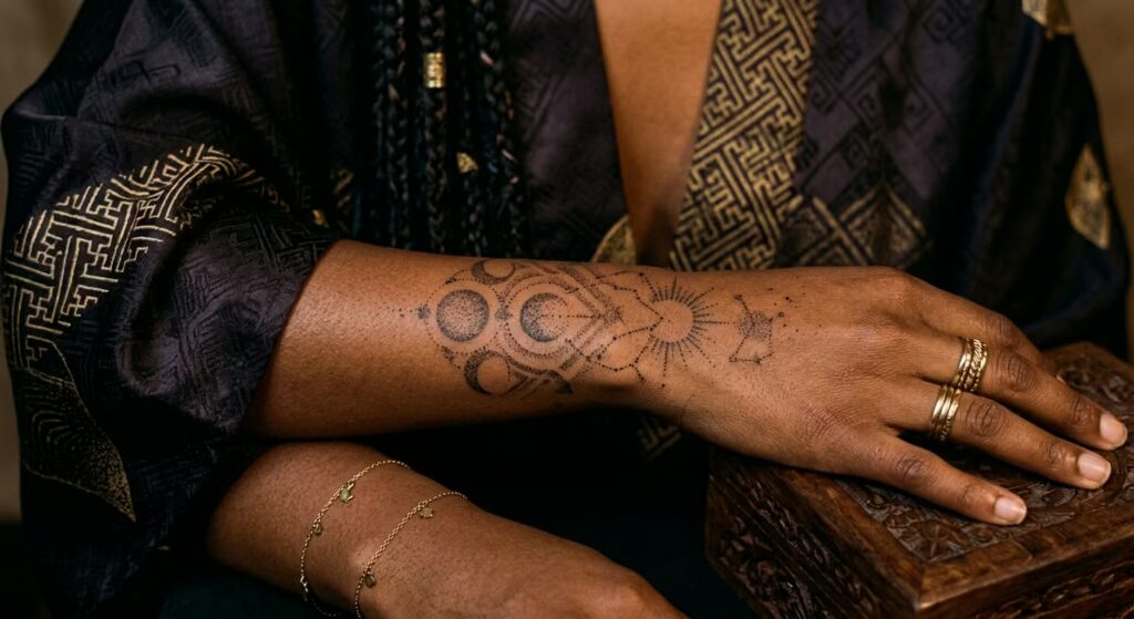 Celestial Transitions Dotwork Boho Sleeve Tattoos