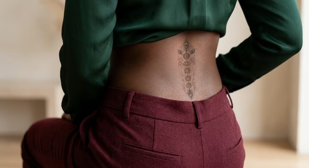 Chakra Alignment Peacock Feather Fan Ornamental Lower Back Tattoo