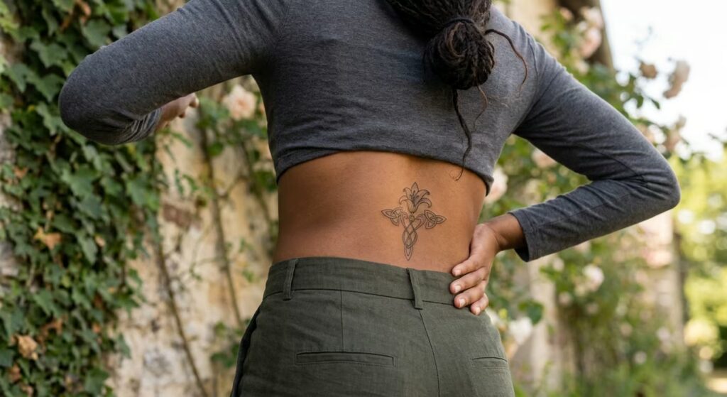 Chicano Fine Line Gothic Archway Ornamental Lower Back Tattoo