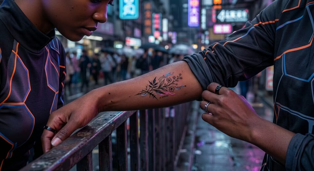 Cyberpunk Neon Seasonal Transition Floral Forearm Tattoos for Women