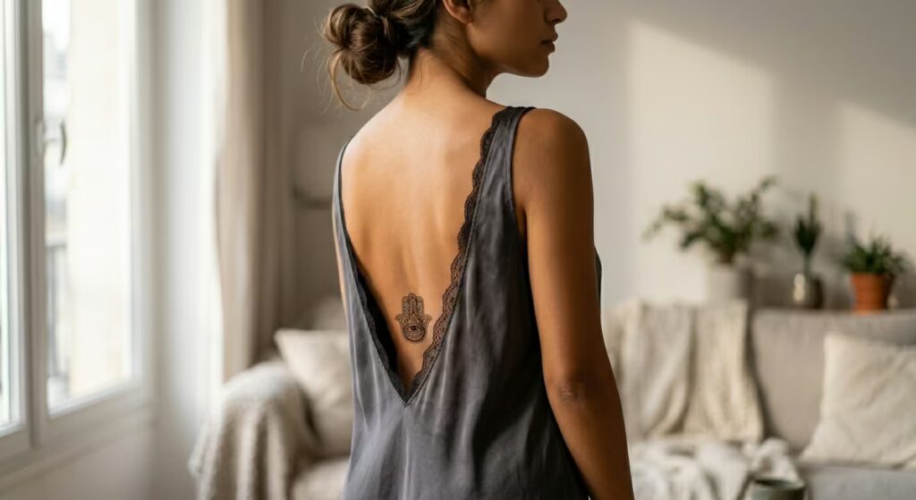 Etching Style Dotwork Hamsa Ornamental Lower Back Tattoo