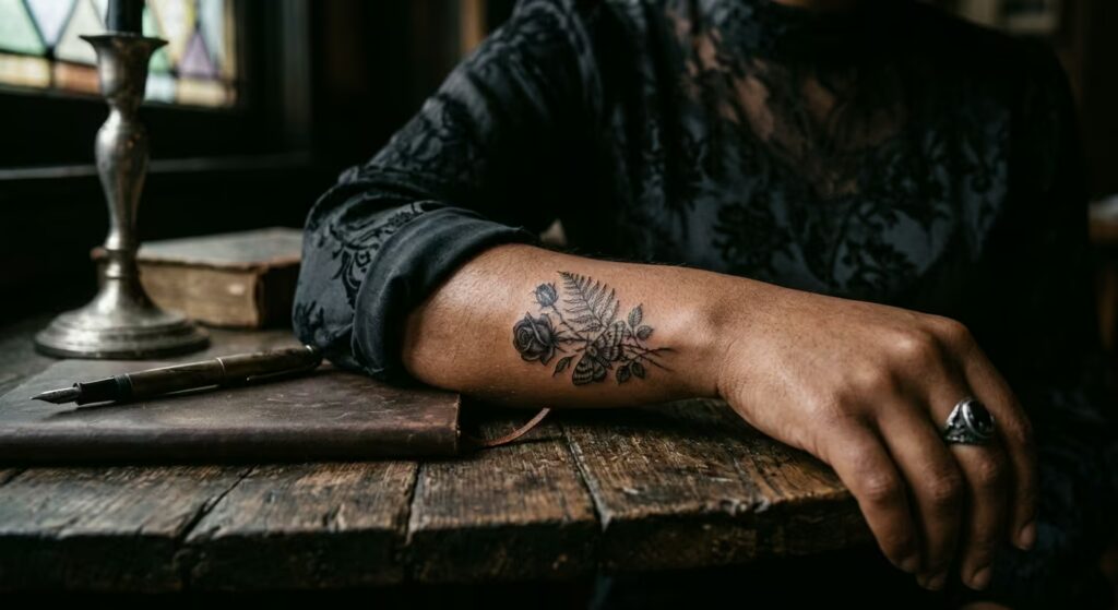 Gothic Noir Fineline Floral Forearm Tattoos for Women