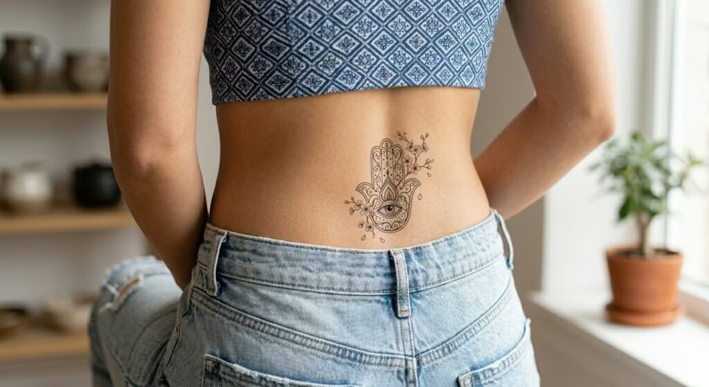 Hand of Fatima Cherry Blossom Drift Ornamental Lower Back Tattoo