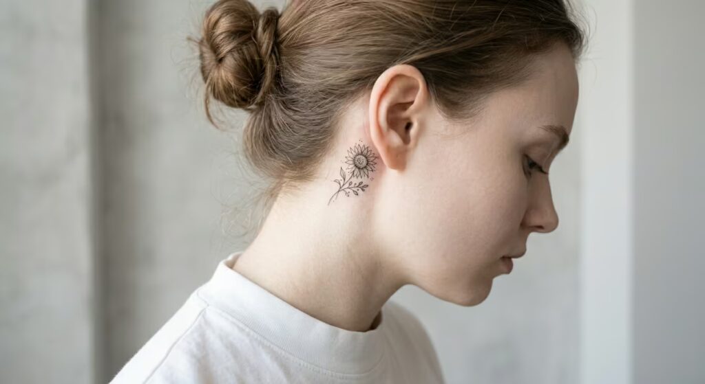 Behind-the-Ear Fine Line Sunflower Tattoo Design for Women