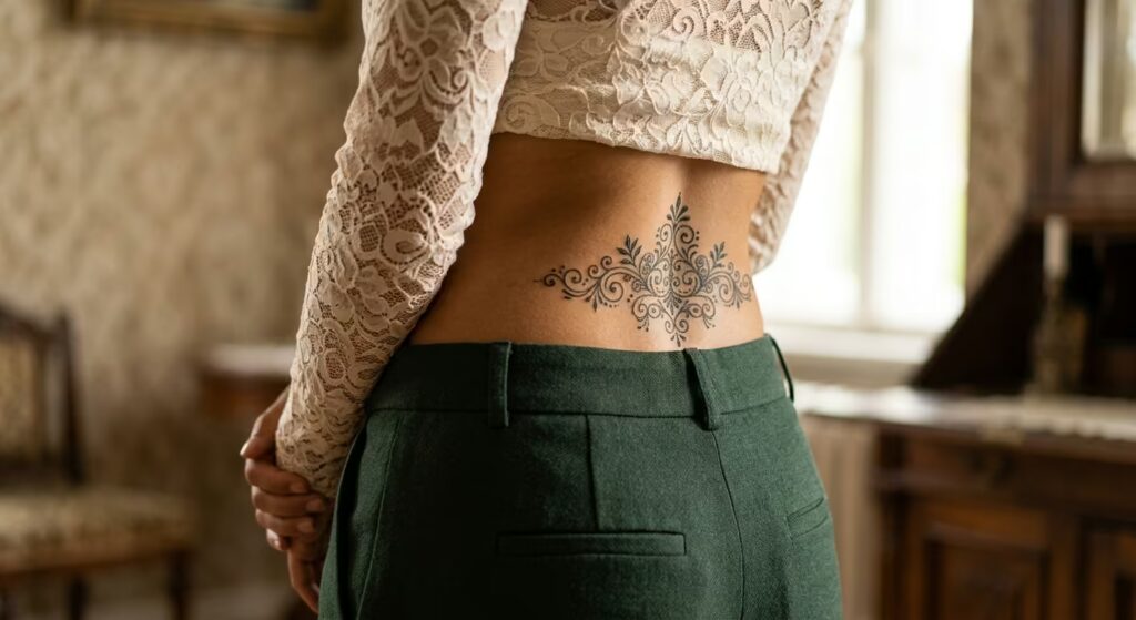 Henna Style Peacock Eye Mandala Ornamental Lower Back Tattoo