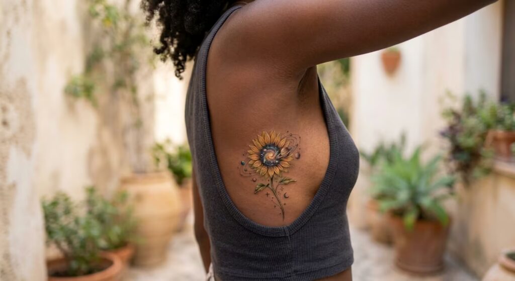Rib Color Realism Sunflower Tat Design for Women