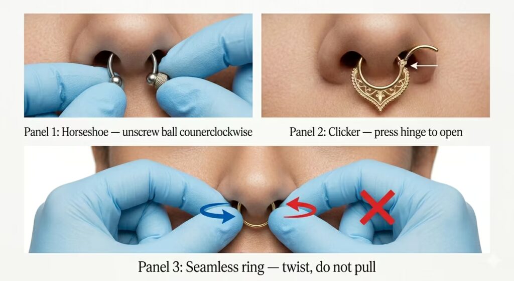 A clean instructional editorial image showing three small close-up panels demonstrating septum jewelry changes. Panel 1: hands unscrewing a horseshoe barbell ball end, labelled "Horseshoe — unscrew ball counterclockwise". Panel 2: a clicker ring shown open with the hinged segment swung out, labelled "Clicker — press hinge to open". Panel 3: two hands demonstrating the twist motion on a seamless ring with arrows showing direction, labelled "Seamless ring — twist, do not pull". Clean white background, practical photography, clear and instructional.