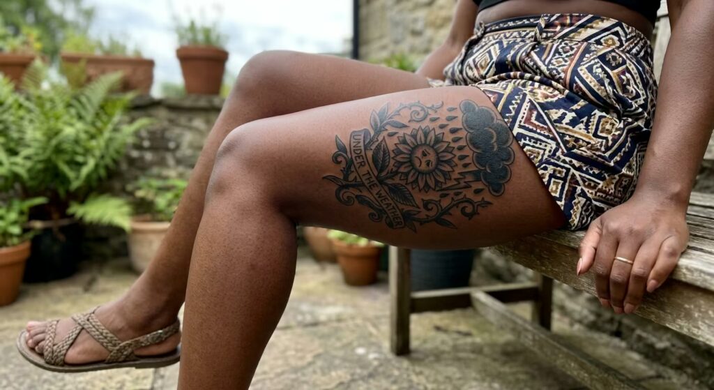 Large Thigh Sunflower Ink Style for Women
