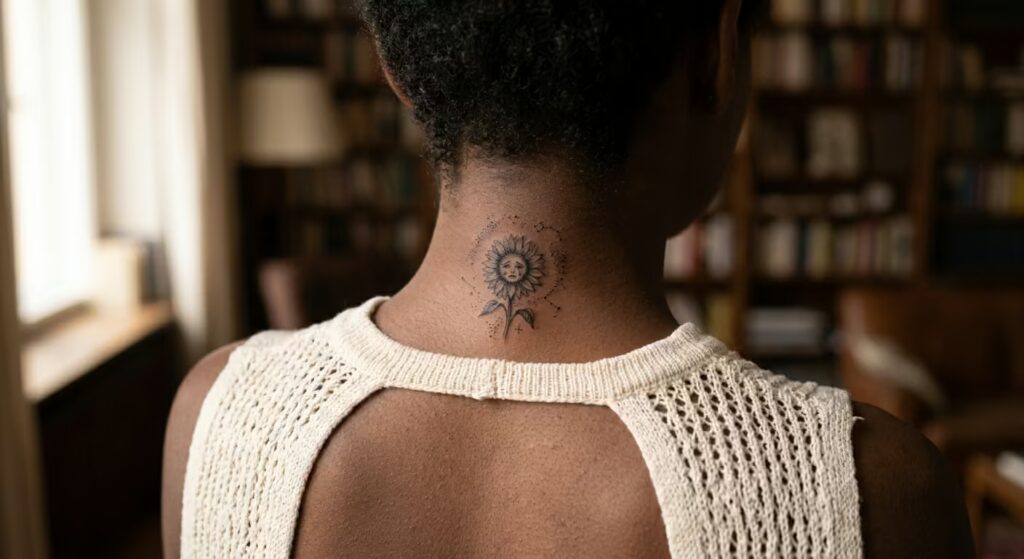 Nape Oil Painting Sunflower Tattoo Design for Women