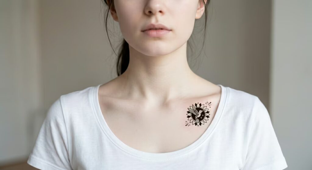 Clavicle Negative Space Sunflower Tattoo Design for Women