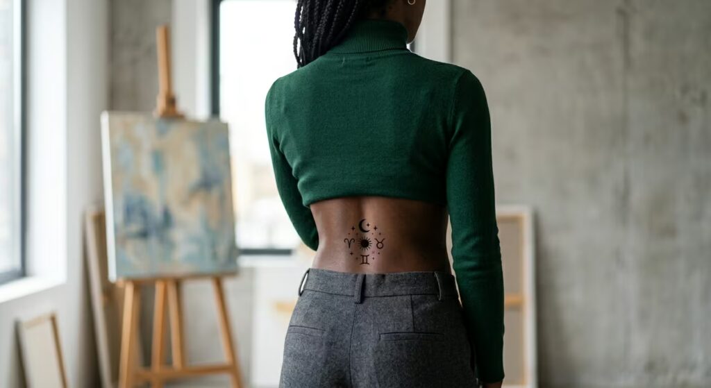 Negative Space Celestial Zodiac Ornamental Lower Back Tattoo
