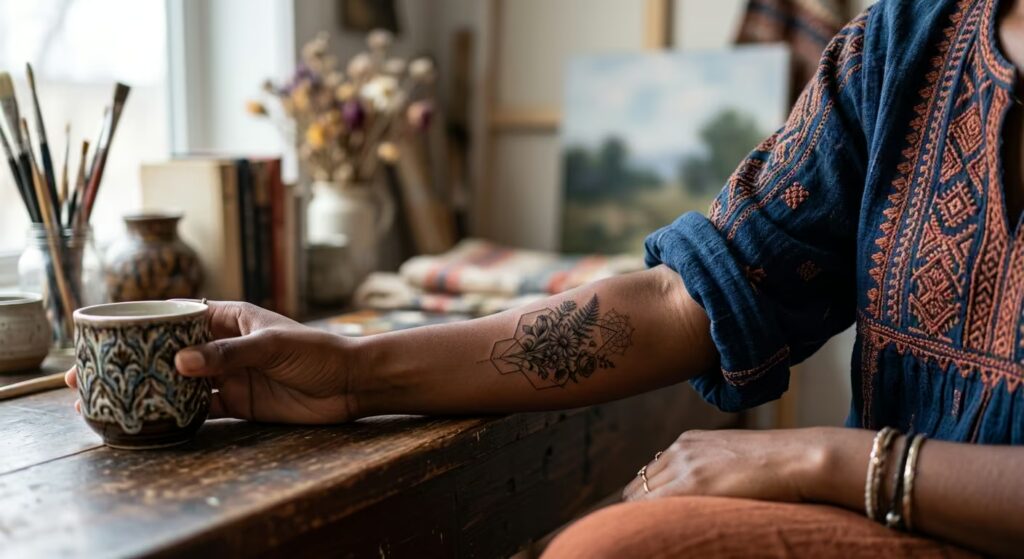 Oil Painting Geometric Fusion Floral Forearm Tattoos for Women