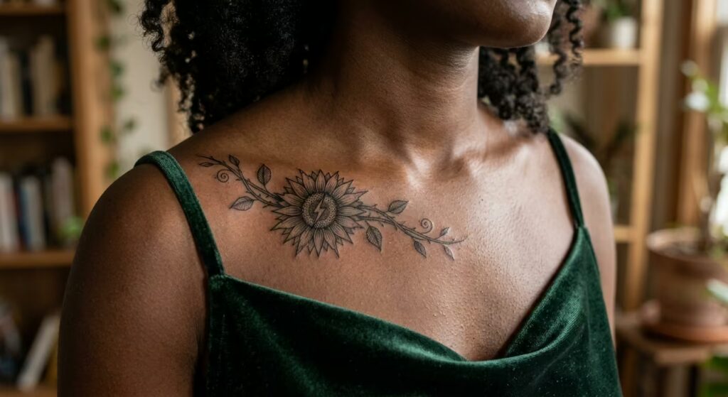 Clavicle Vine Sunflower Tat Design for Women