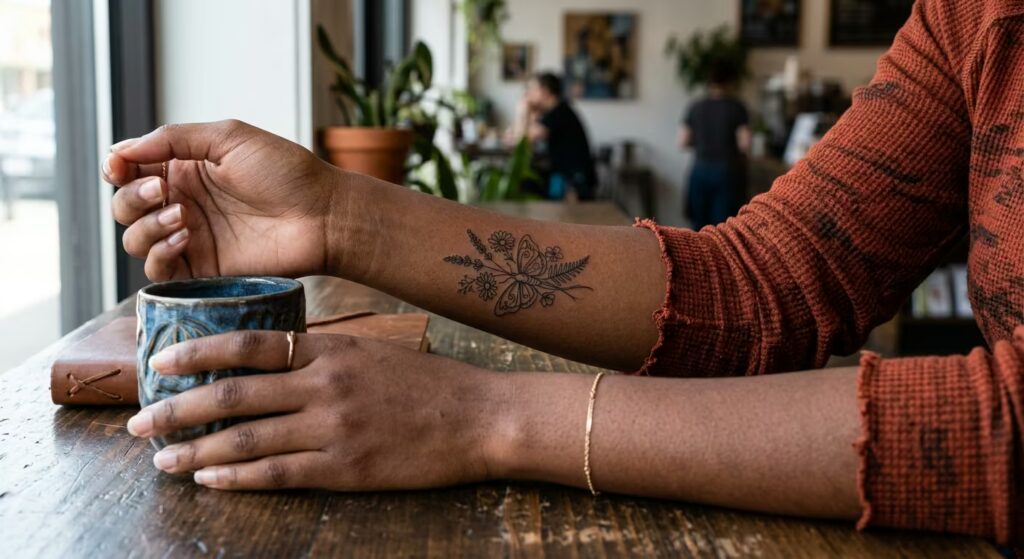 Single Continuous Line Birth Moth Bouquet Floral Forearm Tattoos for Women