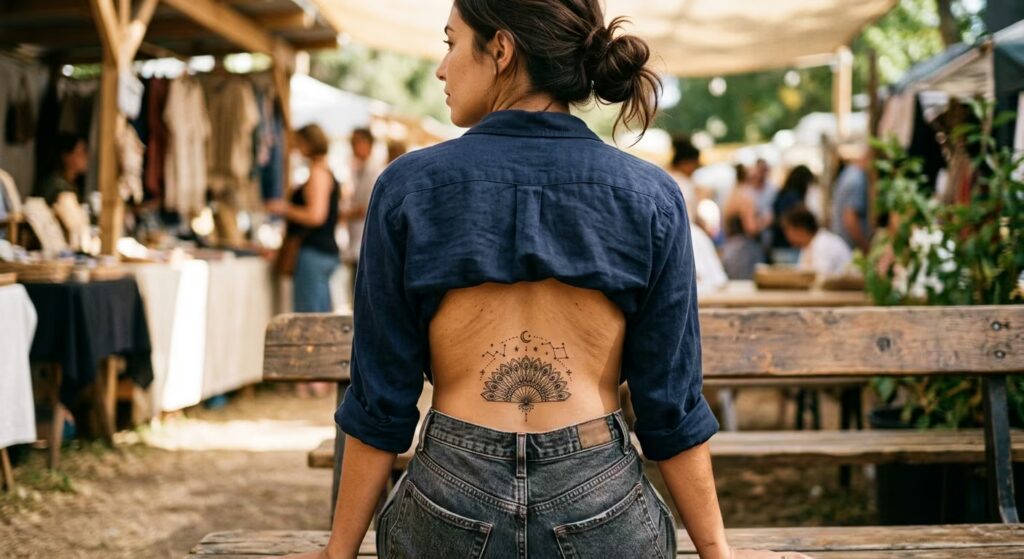 Starry Night Arc Peacock Fan Ornamental Lower Back Tattoo