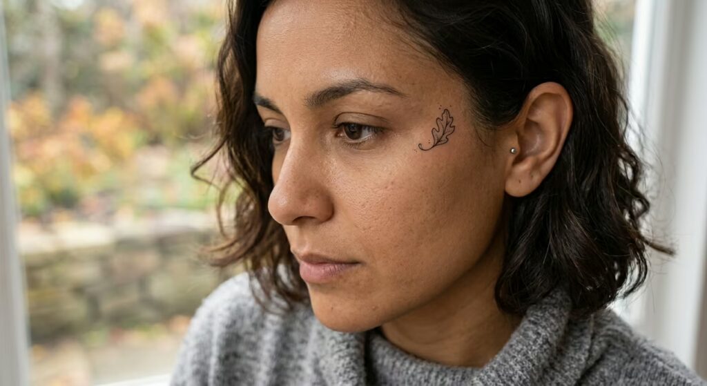 The Falling Leaf Tiny Face Tattoo Ideas